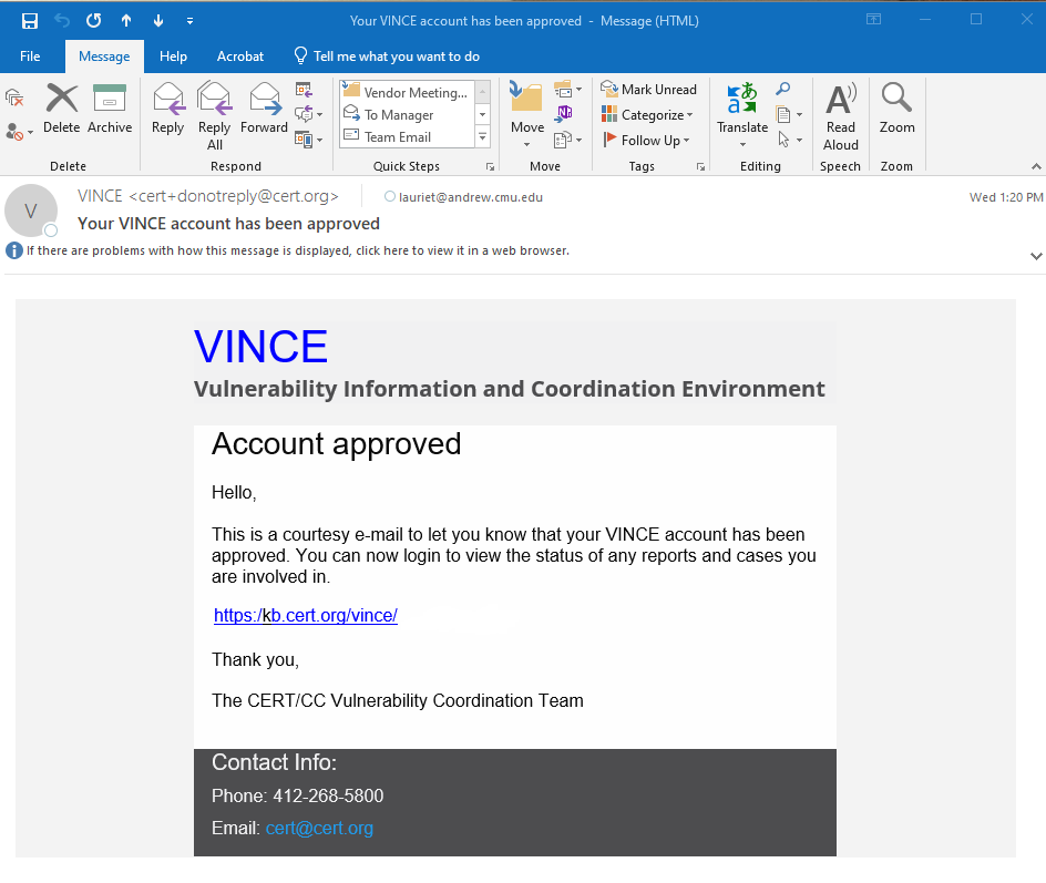 VINCE approval email