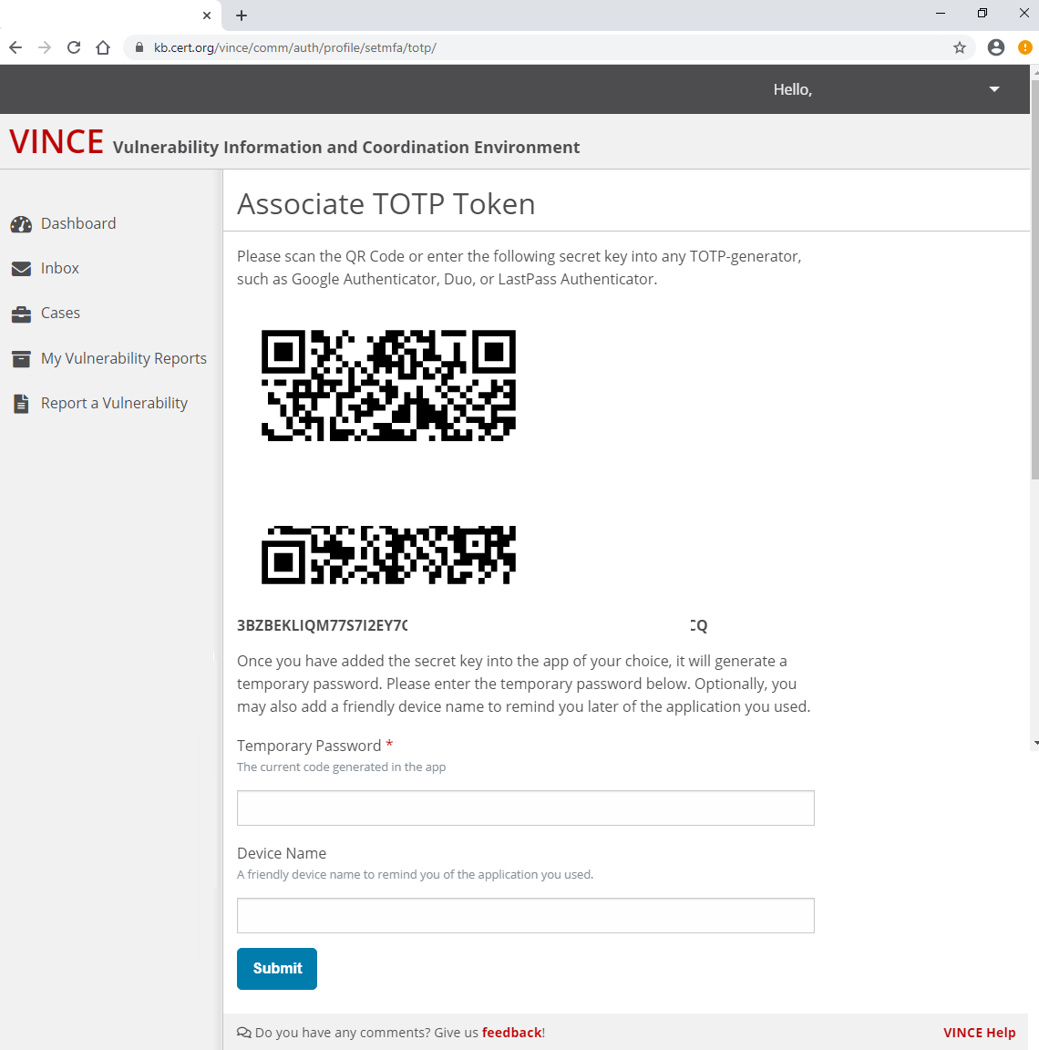 TOTP Token to link app to VINCE for authentication