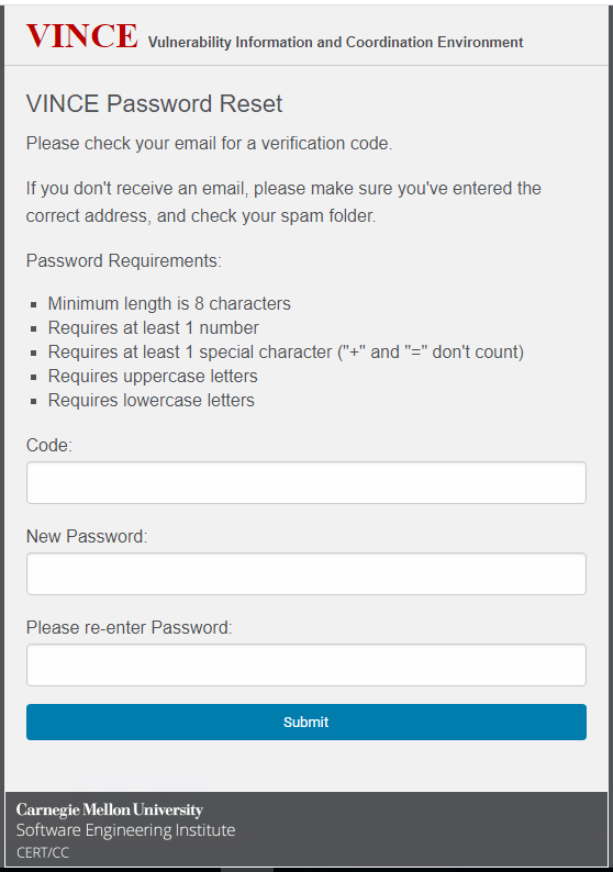 password reset form