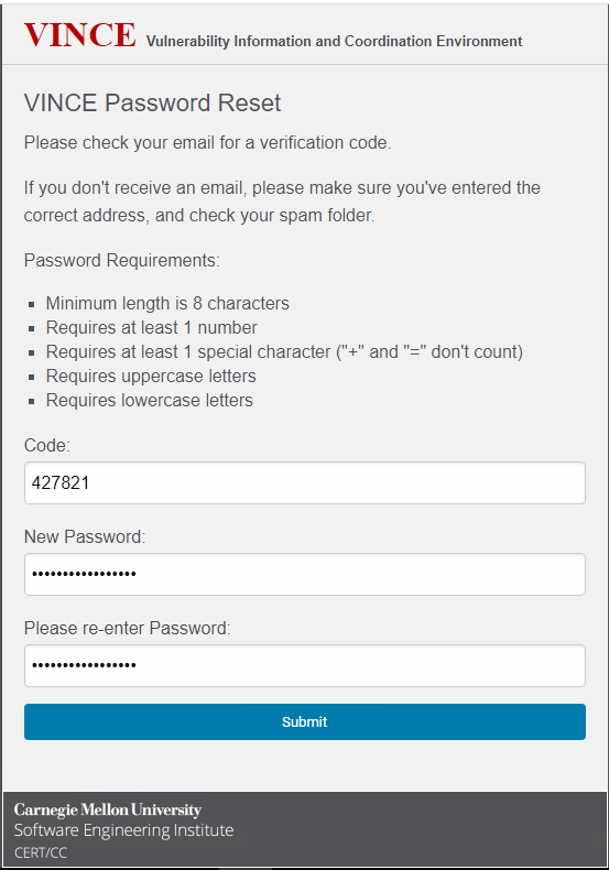complete the form to reset the password